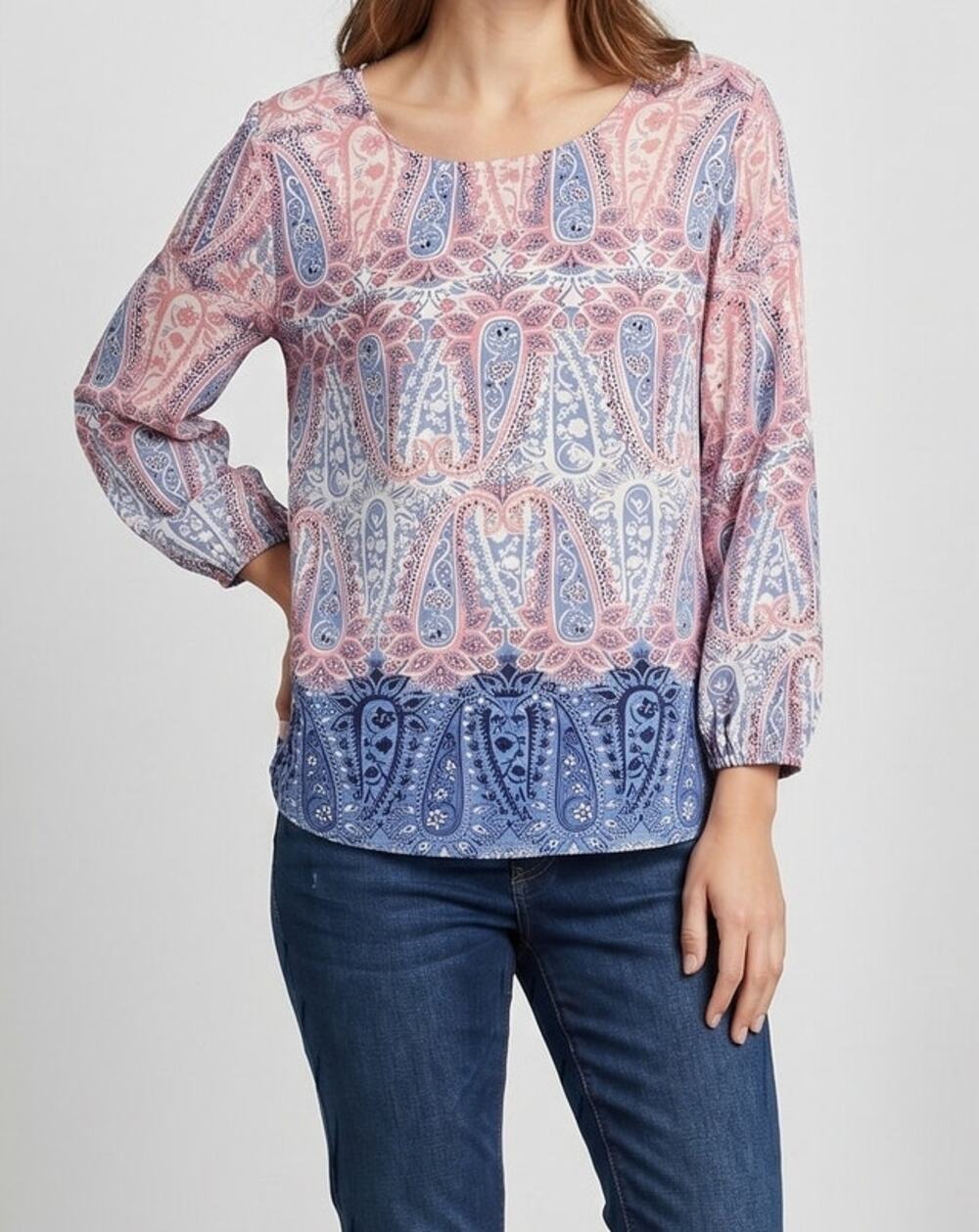 Lily Black Womens Small Pink Blue Blouse Paisley Polyester 3/4 Sleeve